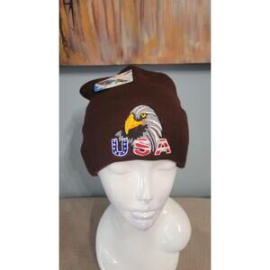 USA Eagle Embroidered Knit Beanie Hat – Brown – New With Tag – Patriotic Winter